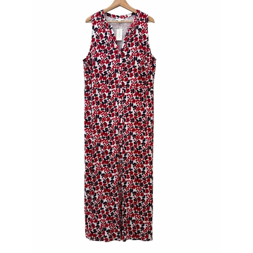 Charter Club Red Blue Floral Sleeveless V Neck Button Front Maxi Dress Size XL